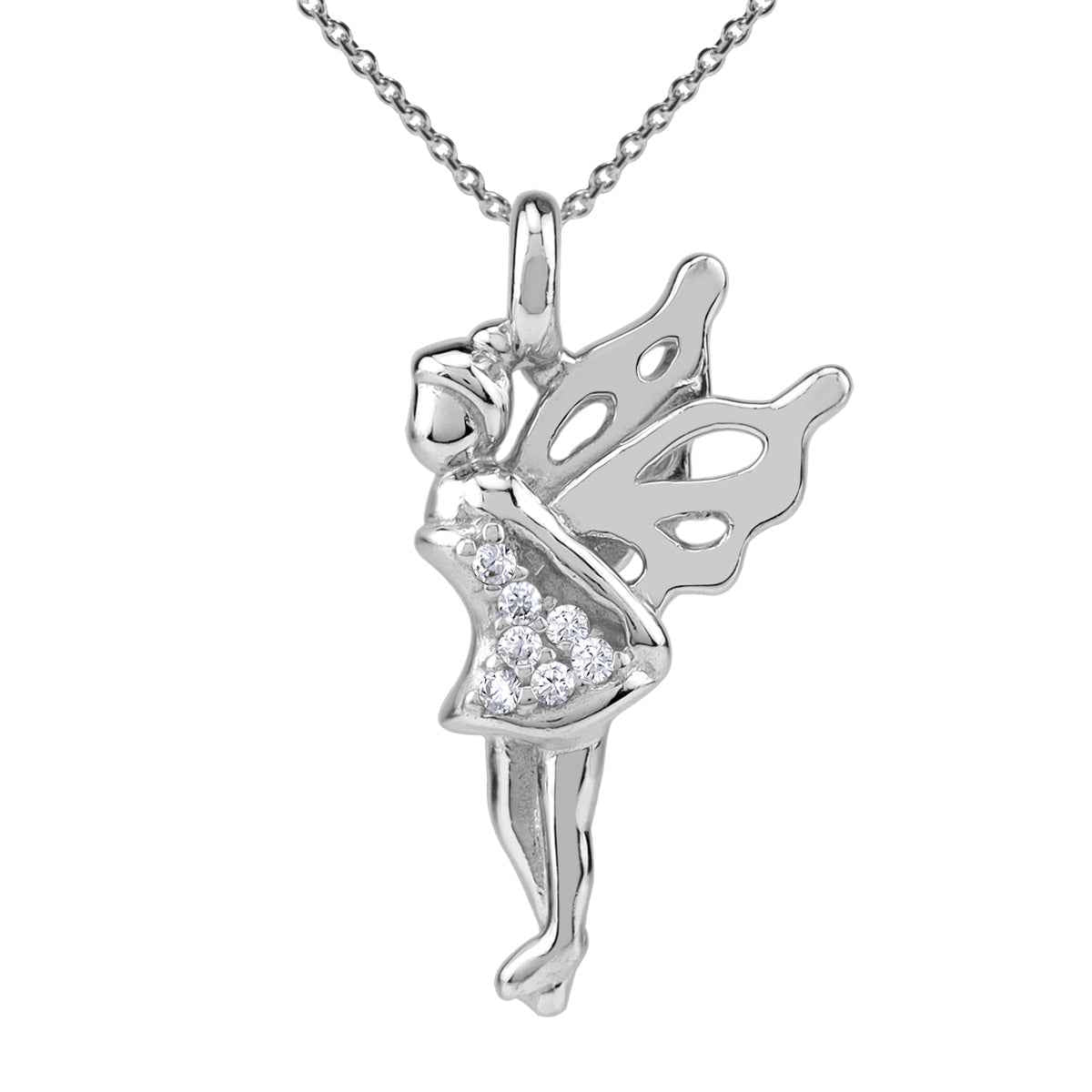 Cubic Zirconia White Gold Plated 925 Sterling Silver Tinkerbell / Fairytale Angel Casual Charm Pendant with 18 Inch Chain Necklace