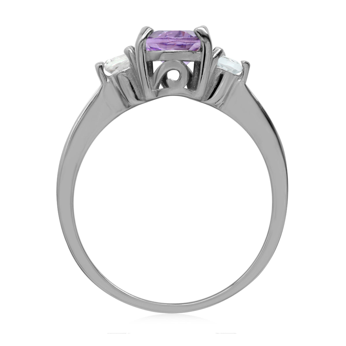Silver ring with a purple gemstone on a white background