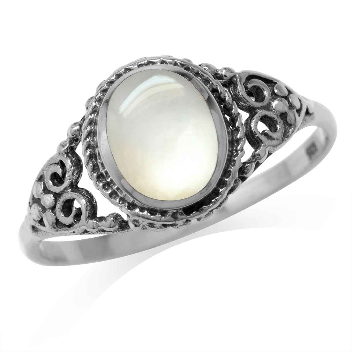 White Mother of Pearl Inlay 925 Sterling Silver Filigree Victorian Style Ring - Silvershake-store