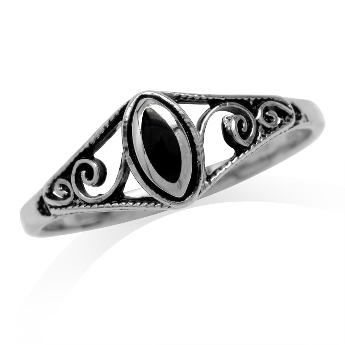 Petite Created Black Onyx Inlay 925 Sterling Silver Filigree Swirl and Spiral Style Ring - Silvershake-store