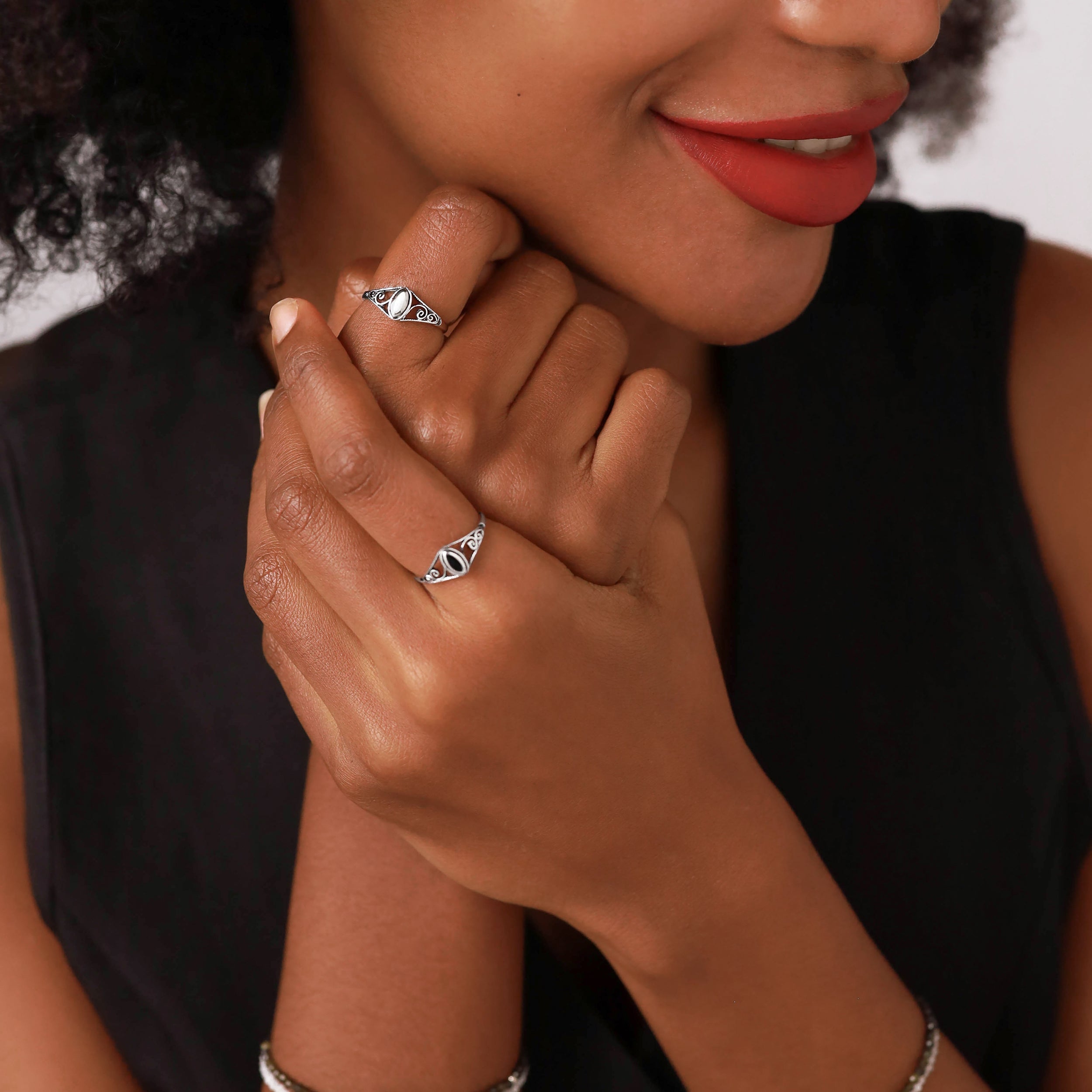 Petite Created Black Onyx Inlay 925 Sterling Silver Filigree Swirl and Spiral Style Ring - Silvershake-store