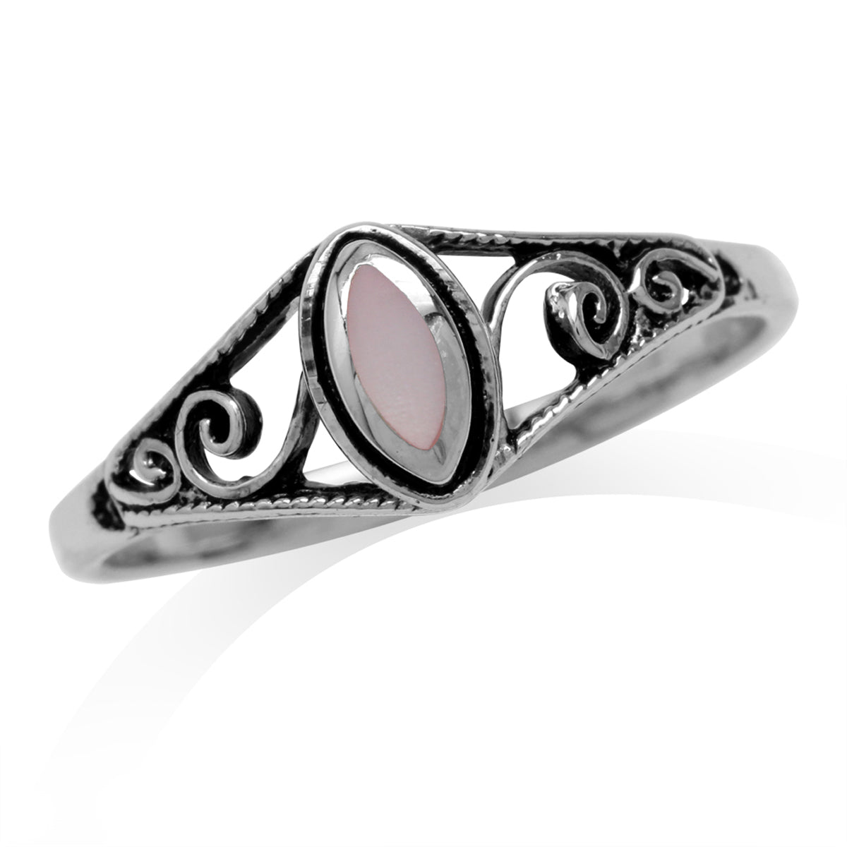 Petite Pink Mother of Pearl Inlay 925 Sterling Silver Filigree Swirl and Spiral Style Ring - Silvershake-store