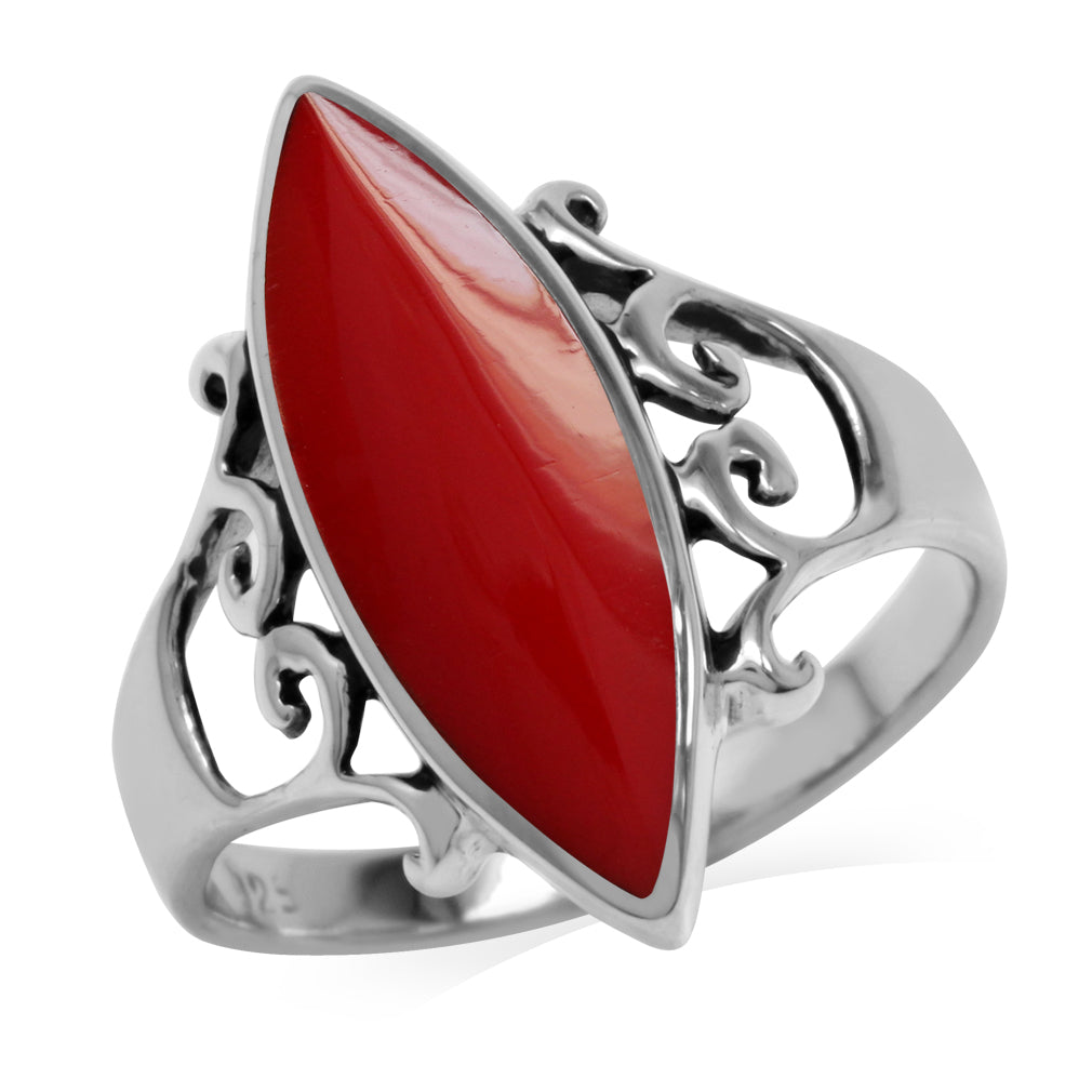 Created Marquise Shape Red Coral Inlay 925 Sterling Silver Filigree Swirl and Spiral Style Ring Jewelry for Women - Silvershake-store