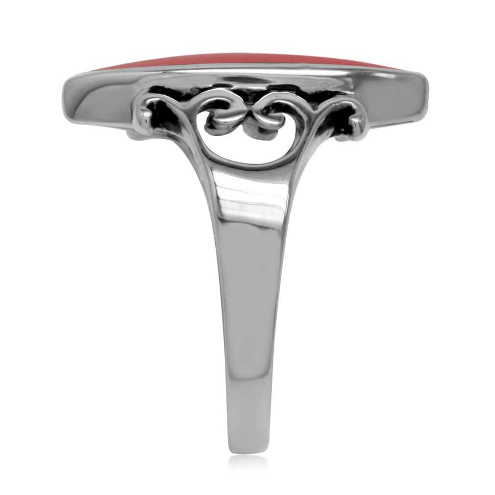 Created Marquise Shape Red Coral Inlay 925 Sterling Silver Filigree Swirl and Spiral Style Ring Jewelry for Women - Silvershake-store