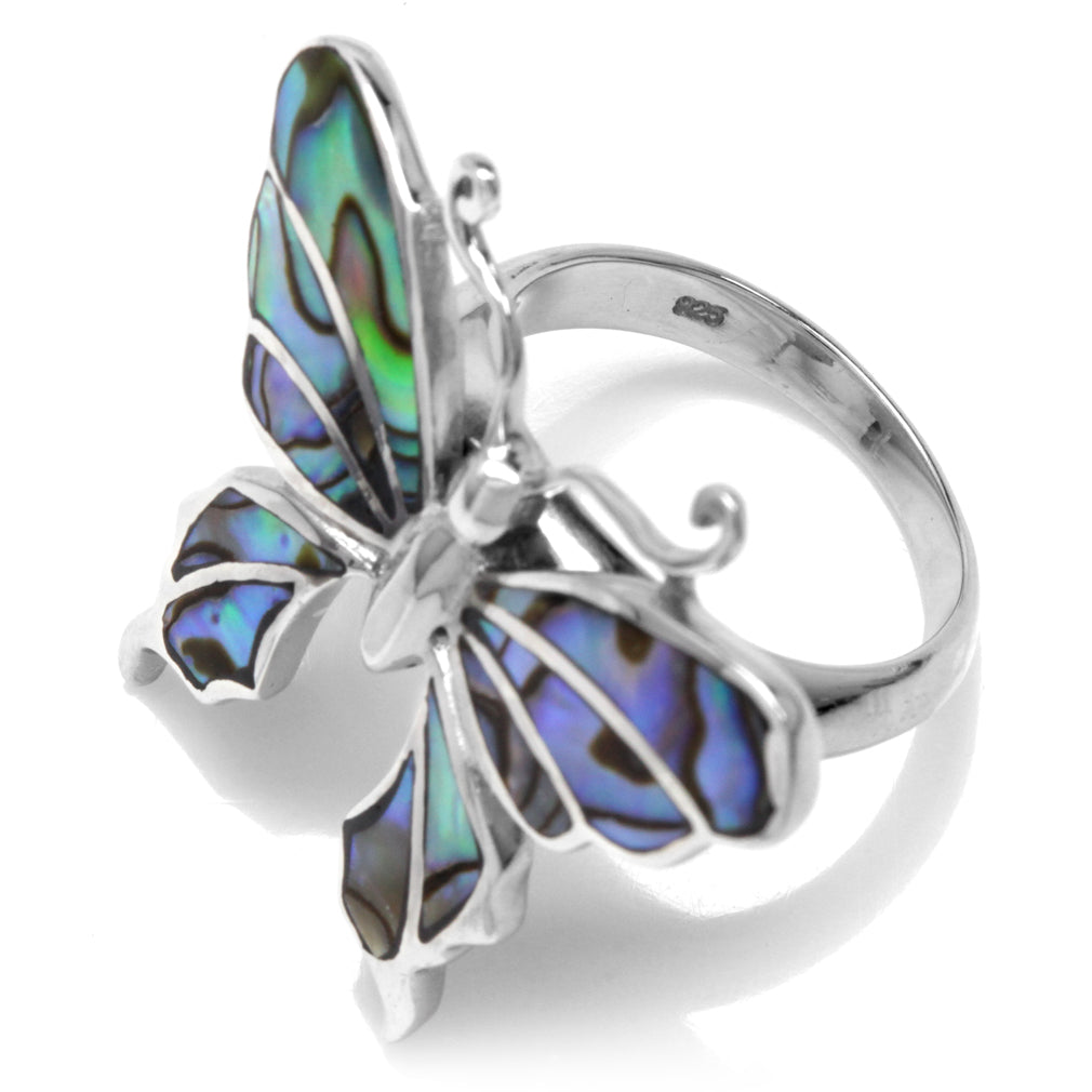 Big Abalone Paua Shell Inlay White Gold Plated 925 Sterling Silver Butterfly Ring - Silvershake-store