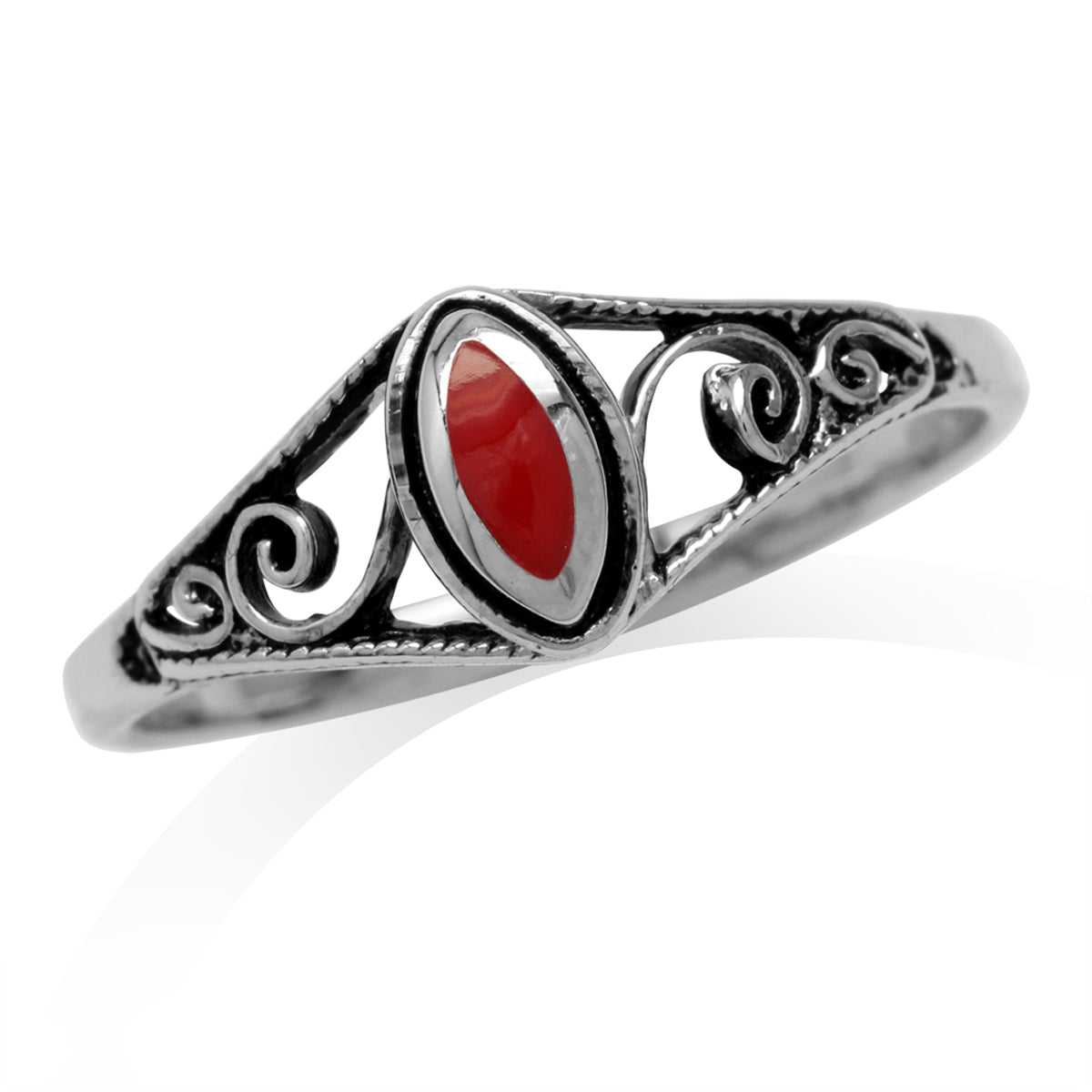 Petite Created Red Coral Inlay 925 Sterling Silver Filigree Swirl and Spiral Style Ring - Silvershake-store
