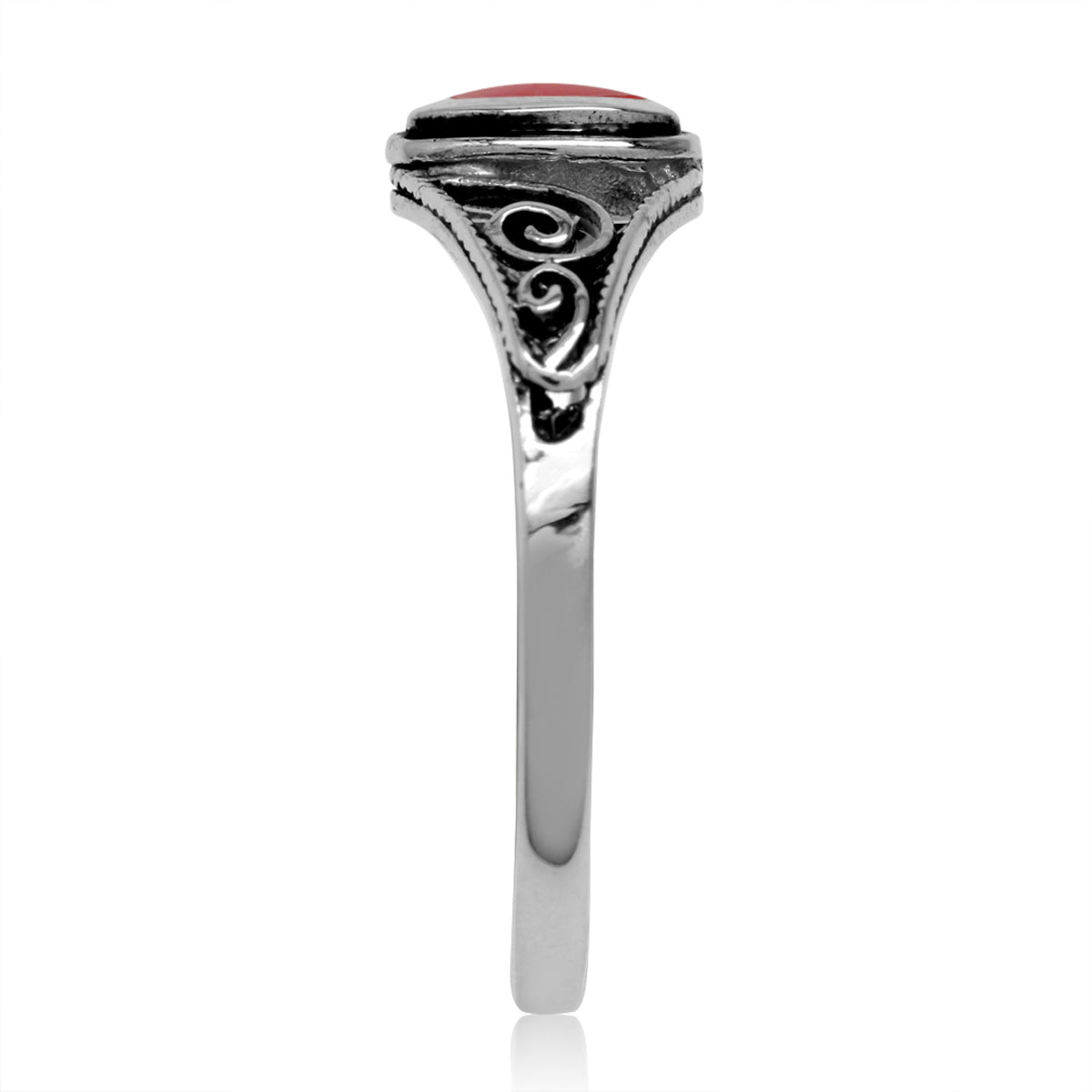 Petite Created Red Coral Inlay 925 Sterling Silver Filigree Swirl and Spiral Style Ring - Silvershake-store
