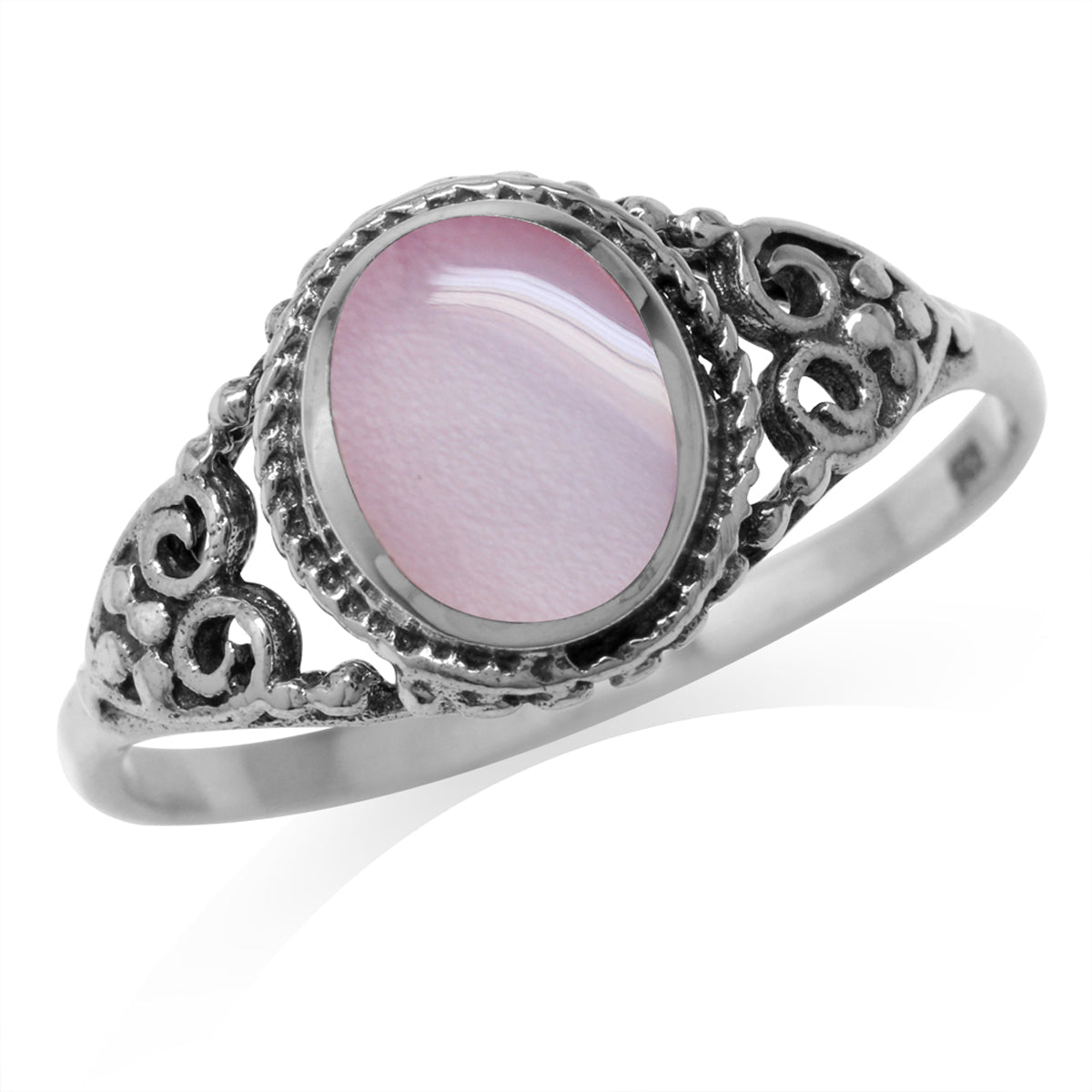 Pink Mother of Pearl Inlay 925 Sterling Silver Filigree Victorian Style Ring - Silvershake-store