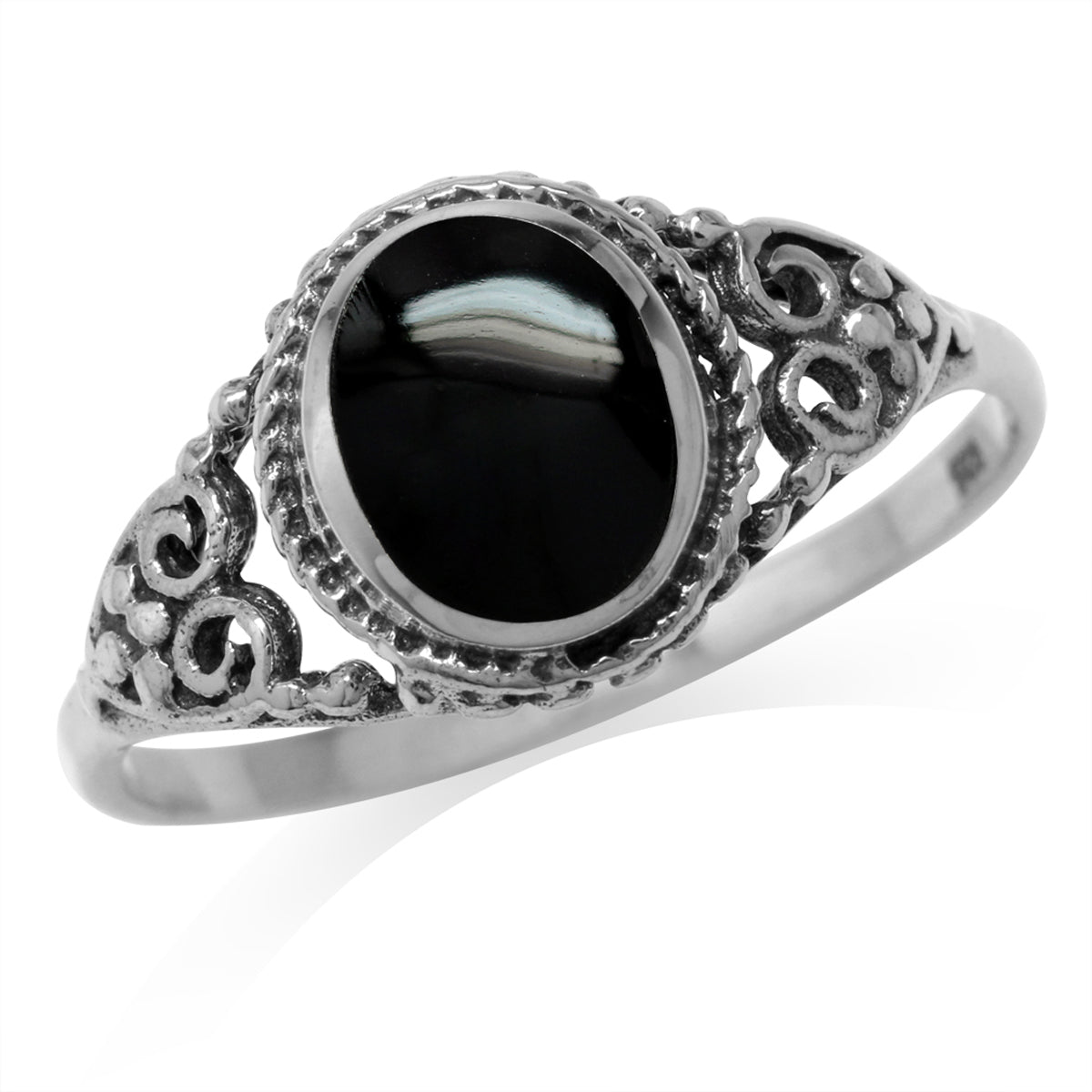 Created Black Onyx Inlay 925 Sterling Silver Filigree Victorian Style Ring - Silvershake-store