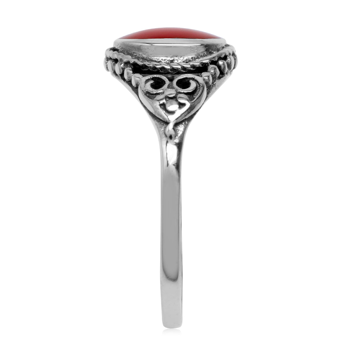 8X6mm Created Oval Shape Red Coral Inlay 925 Sterling Silver Filigree Victorian Style Ring Gemstone Jewelry - Silvershake-store