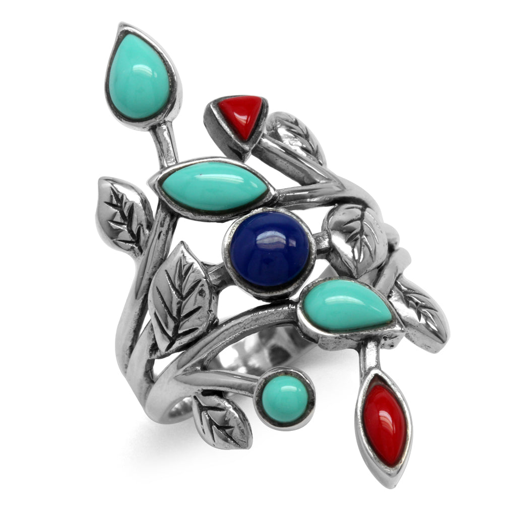 Created Green Turquoise Red Coral and Blue Lapis 925 Sterling Silver Leaf Vintage Style Ring - Silvershake-store