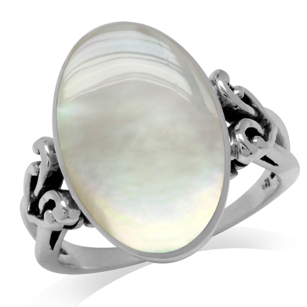 Oval Shape White Mother of Pearl Inlay 925 Sterling Silver Victorian Style Heart Knot Ring - Silvershake-store
