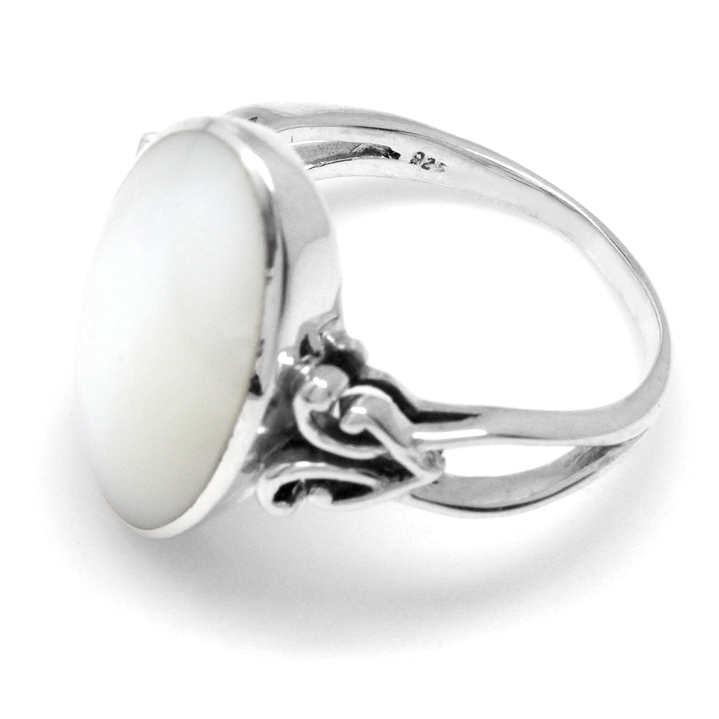 Oval Shape White Mother of Pearl Inlay 925 Sterling Silver Victorian Style Heart Knot Ring - Silvershake-store