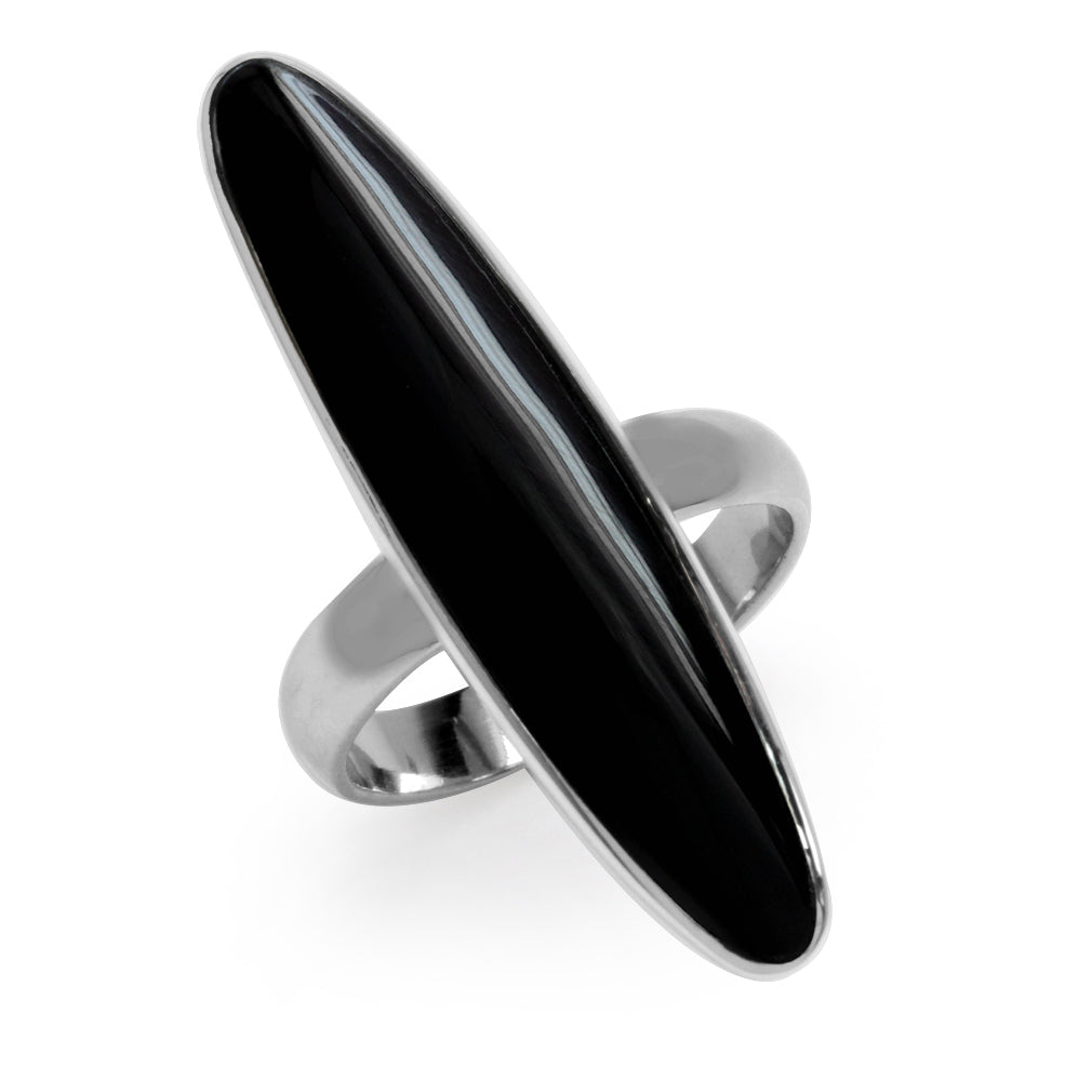 Long Created Black Onyx Inlay White Gold Plated 925 Sterling Silver Ring Jewelry for Women - Silvershake-store