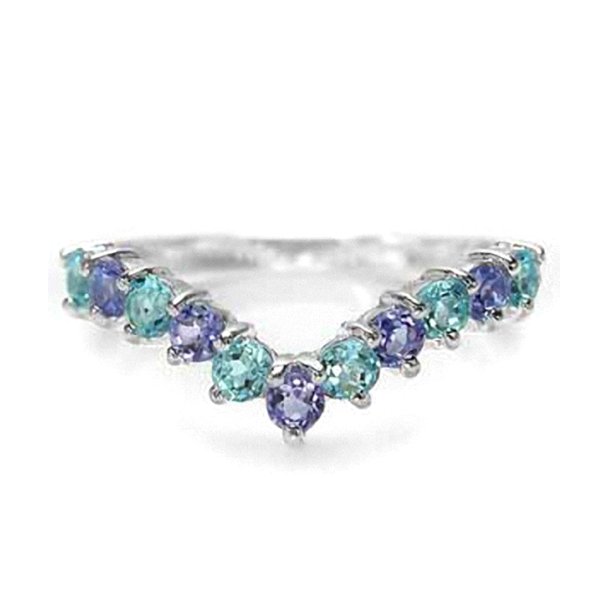 Genuine Swiss Blue Topaz and Tanzanite 925 Sterling Silver V Shape Stack Stackable Ring - Silvershake-store