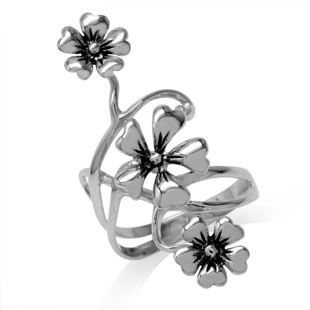 40mm Long 925 Sterling Silver 3 Flowers Ring - Silvershake-store