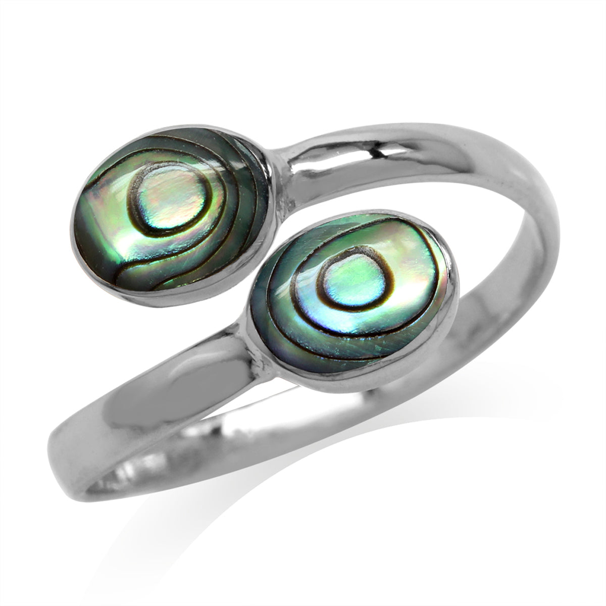 Abalone/Paua Shell Inlay White Gold Plated 925 Sterling Silver Bypass Adjustable Ring silvershake