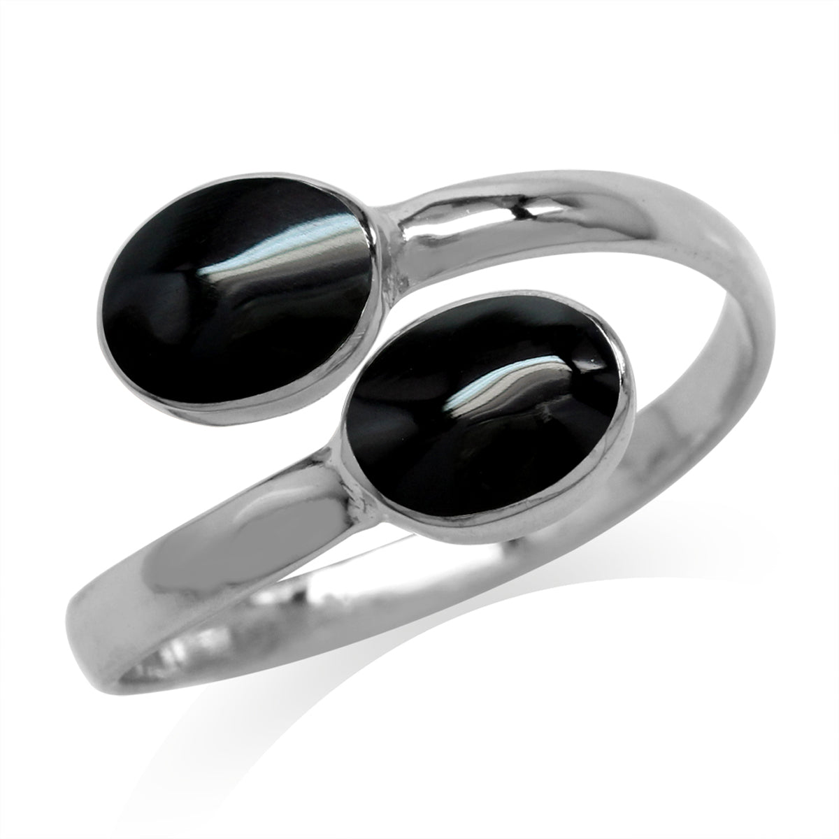 Created Black Onyx Inlay White Gold Plated 925 Sterling Silver Bypass Adjustable Ring silvershake