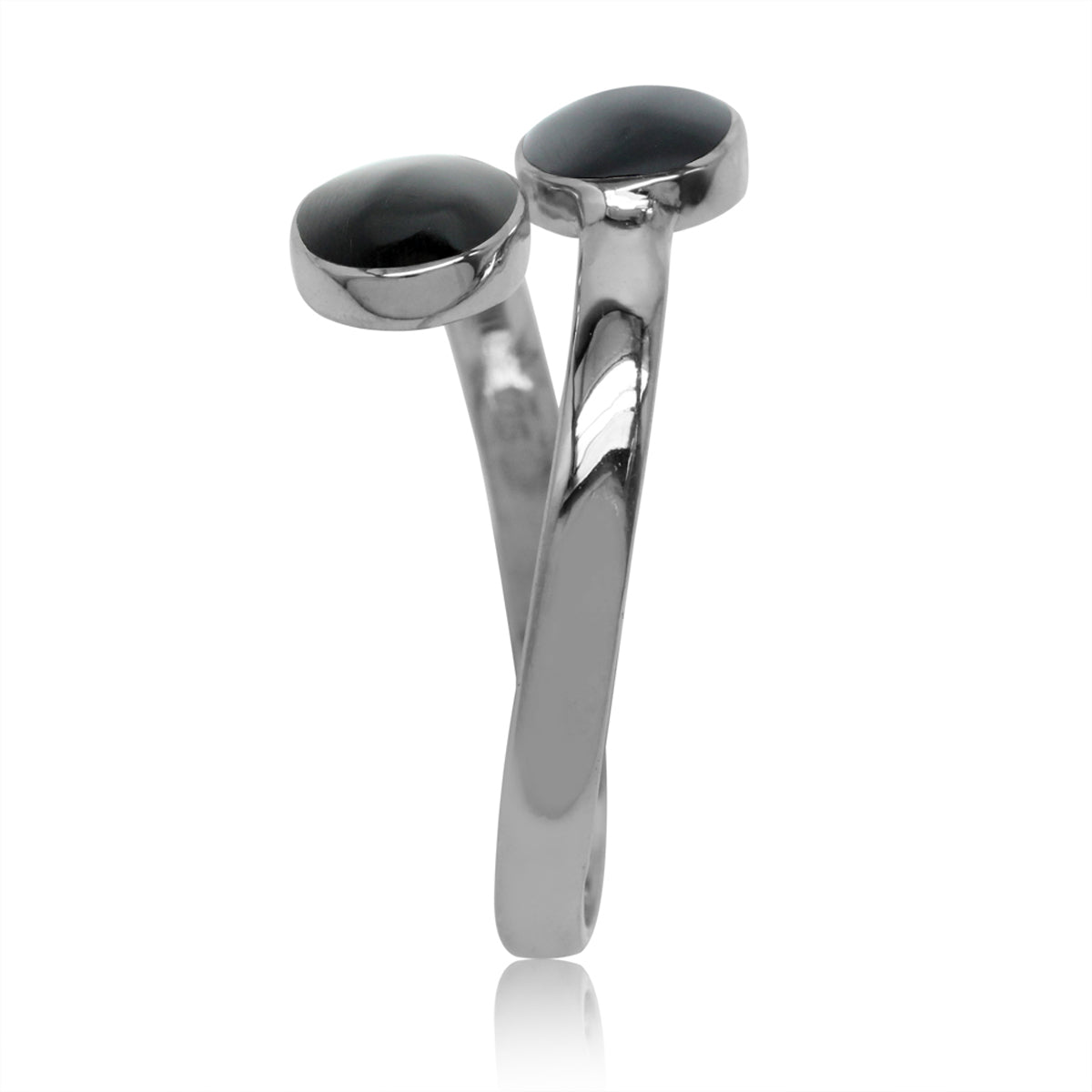 Created Black Onyx Inlay White Gold Plated 925 Sterling Silver Bypass Adjustable Ring silvershake