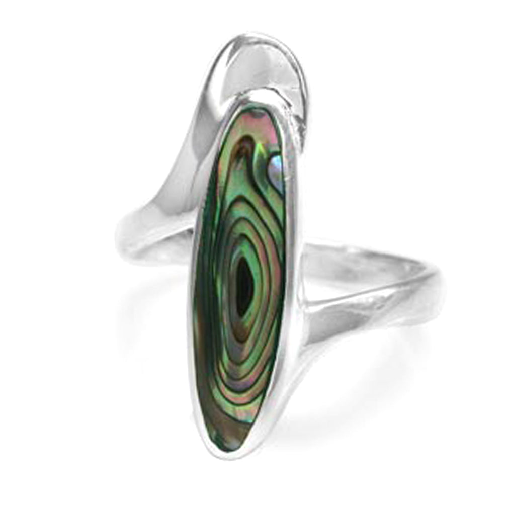 Long Abalone Paua Shell Inlay White Gold Plated 925 Sterling Silver Modern Style Ring - Silvershake-store