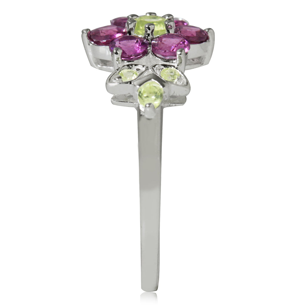 Natural Rhodolite Garnet and Peridot 925 Sterling Silver Flower Leaf Ring - Silvershake-store