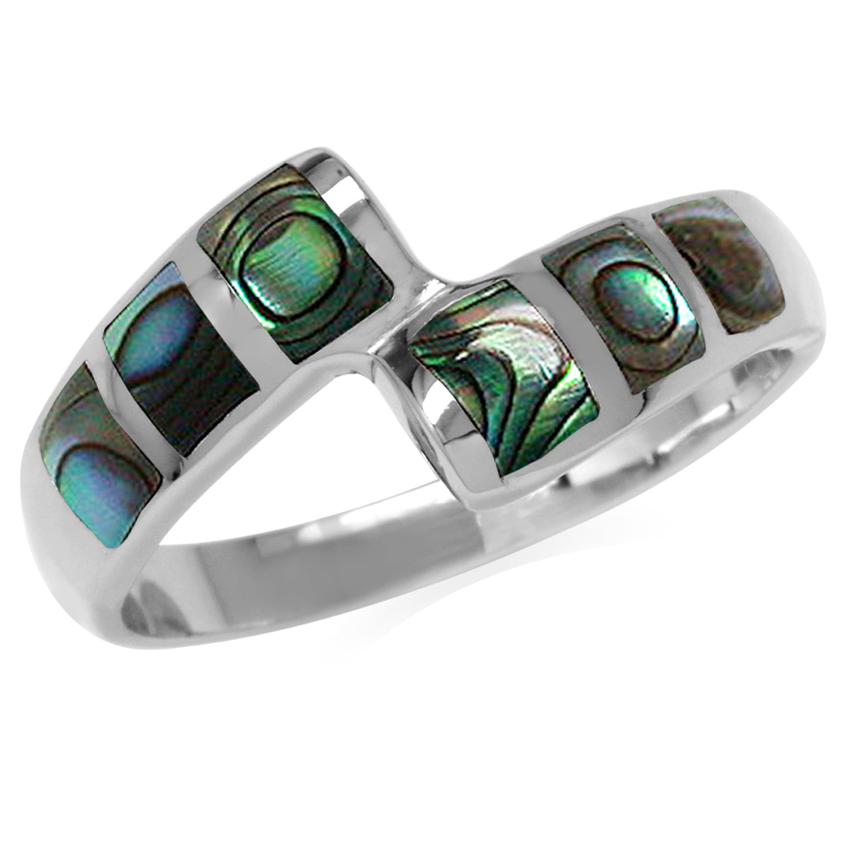 Abalone/Paua Shell Inlay White Gold Plated 925 Sterling Silver Bypass Casual Ring silvershake