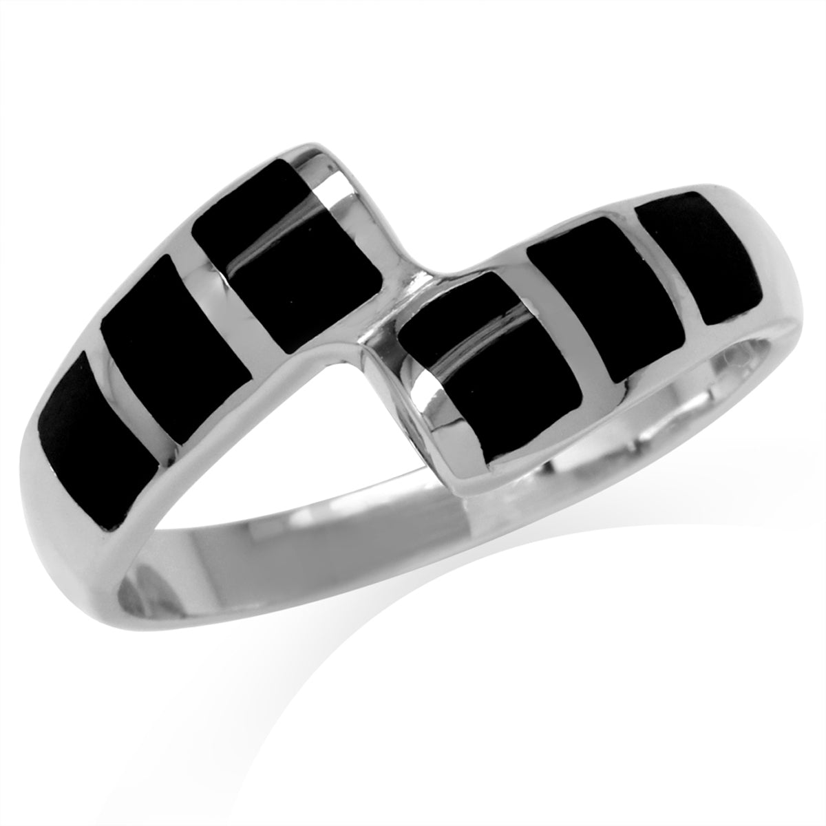 Created Black Onyx Inlay White Gold Plated 925 Sterling Silver Bypass Casual Ring silvershake