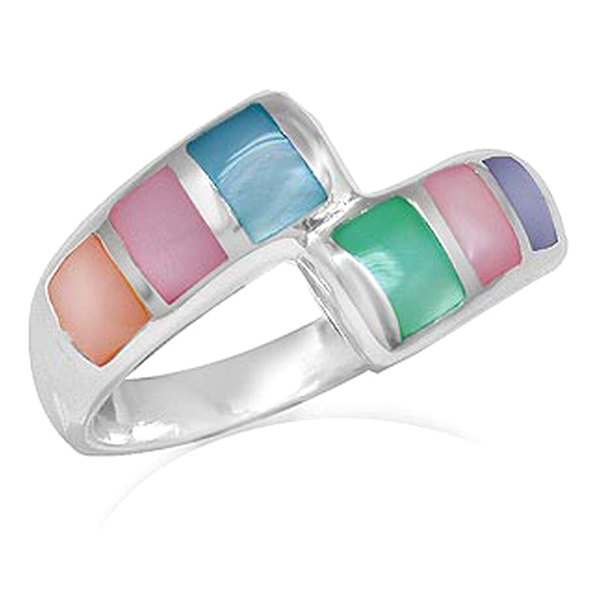 Multi Colored Mother Of Pearl Inlay White Gold Plated 925 Sterling Silver Bypass Casual Ring silvershake