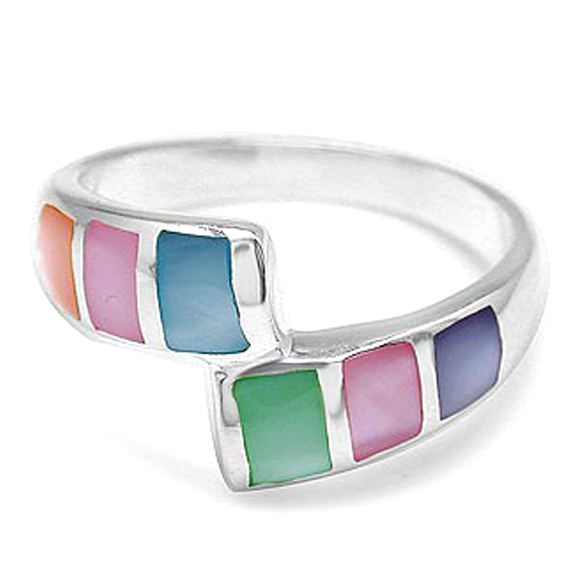 Multi Colored Mother Of Pearl Inlay White Gold Plated 925 Sterling Silver Bypass Casual Ring silvershake