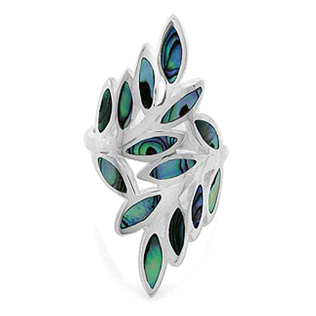 Abalone Paua Shell Inlay White Gold Plated 925 Sterling Silver Bypass Leaf Ring - Silvershake-store