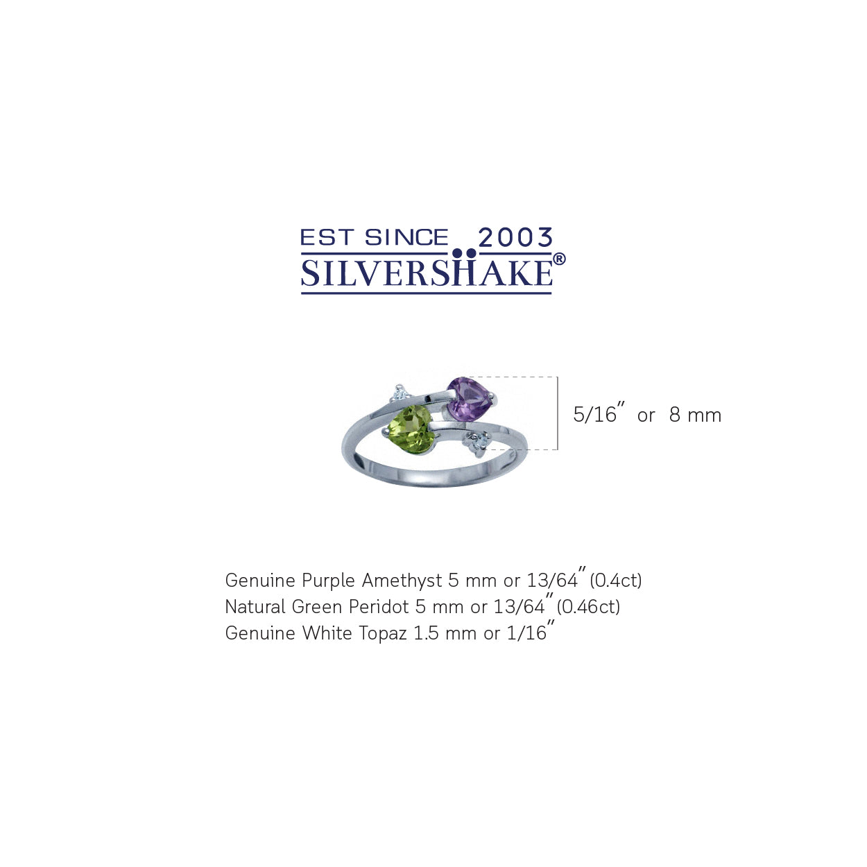 Natural Amethyst Peridot and White Topaz 925 Sterling Silver Twin Heart Ring - Silvershake-store