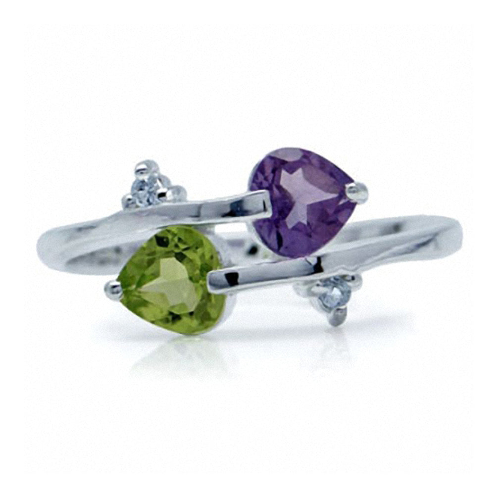 Natural Amethyst Peridot and White Topaz 925 Sterling Silver Twin Heart Ring - Silvershake-store