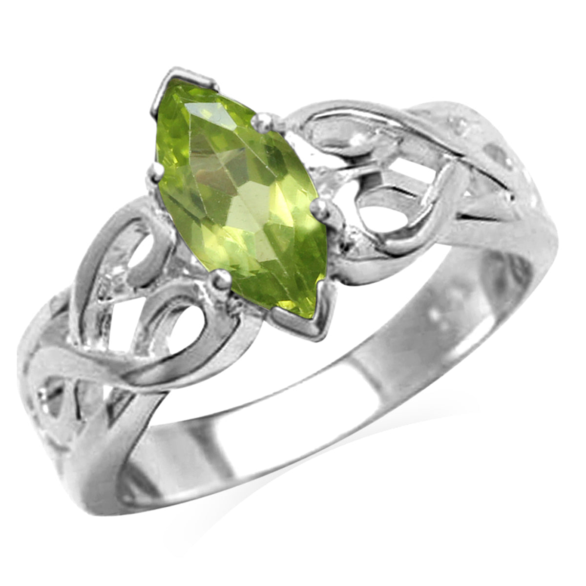 1.08ct. Natural Peridot White Gold Plated 925 Sterling Silver Filigree Celtic Knot Solitaire Ring silvershake