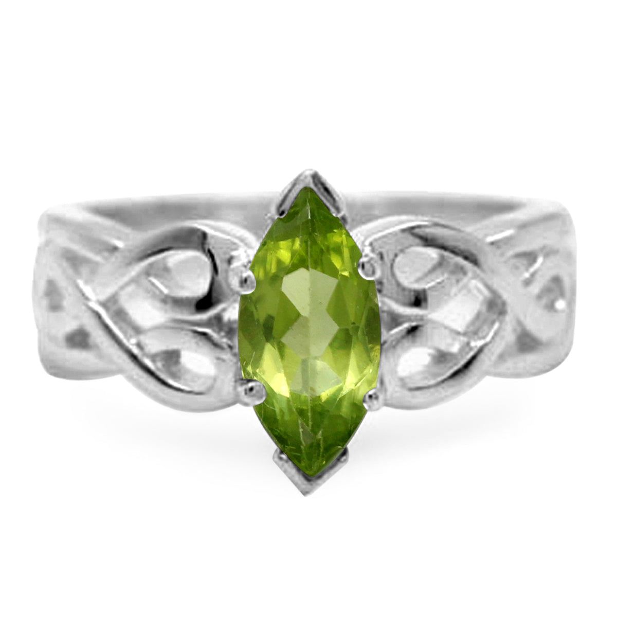 1.08ct. Natural Peridot White Gold Plated 925 Sterling Silver Filigree Celtic Knot Solitaire Ring silvershake