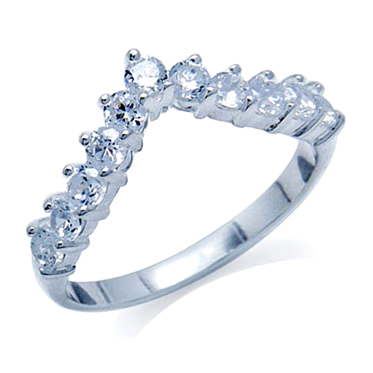 Round Shape Cubic Zirconia White Gold Plated 925 Sterling Silver V Shape Stackable Ring - Silvershake-store