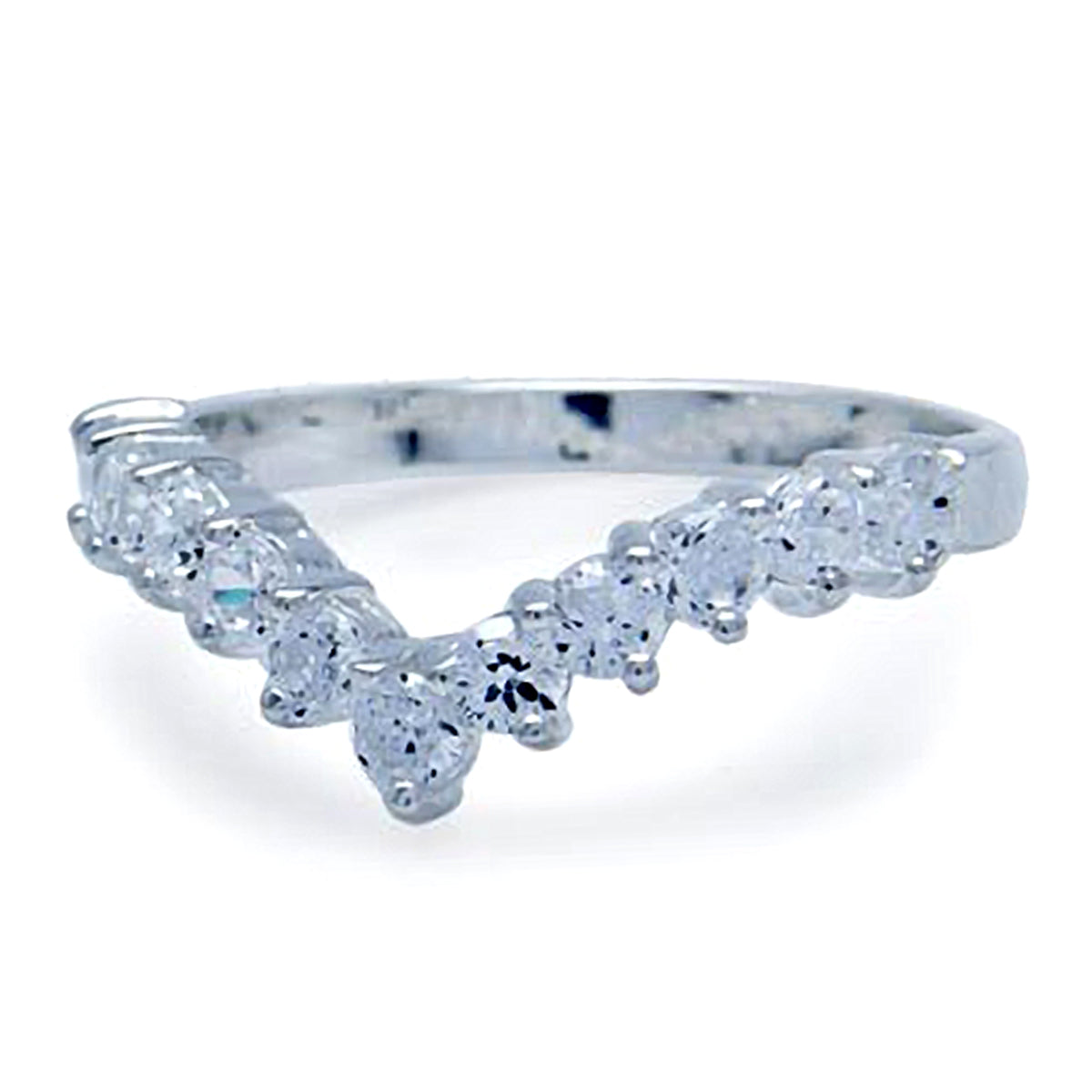 Round Shape Cubic Zirconia White Gold Plated 925 Sterling Silver V Shape Stackable Ring - Silvershake-store