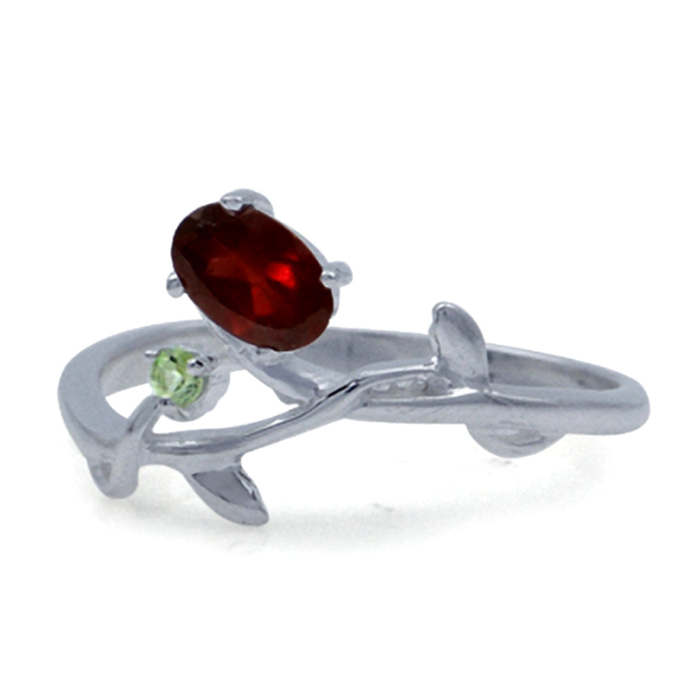 Petite Natural Garnet and Peridot White Gold Plated 925 Sterling Silver Vine Leaf Ring - Silvershake-store