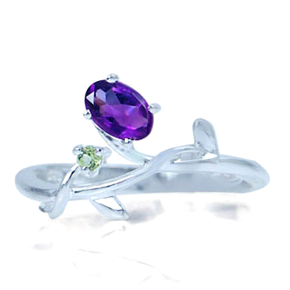 Petite Natural African Amethyst and Peridot 925 Sterling Silver Vine Leaf Ring - Silvershake-store