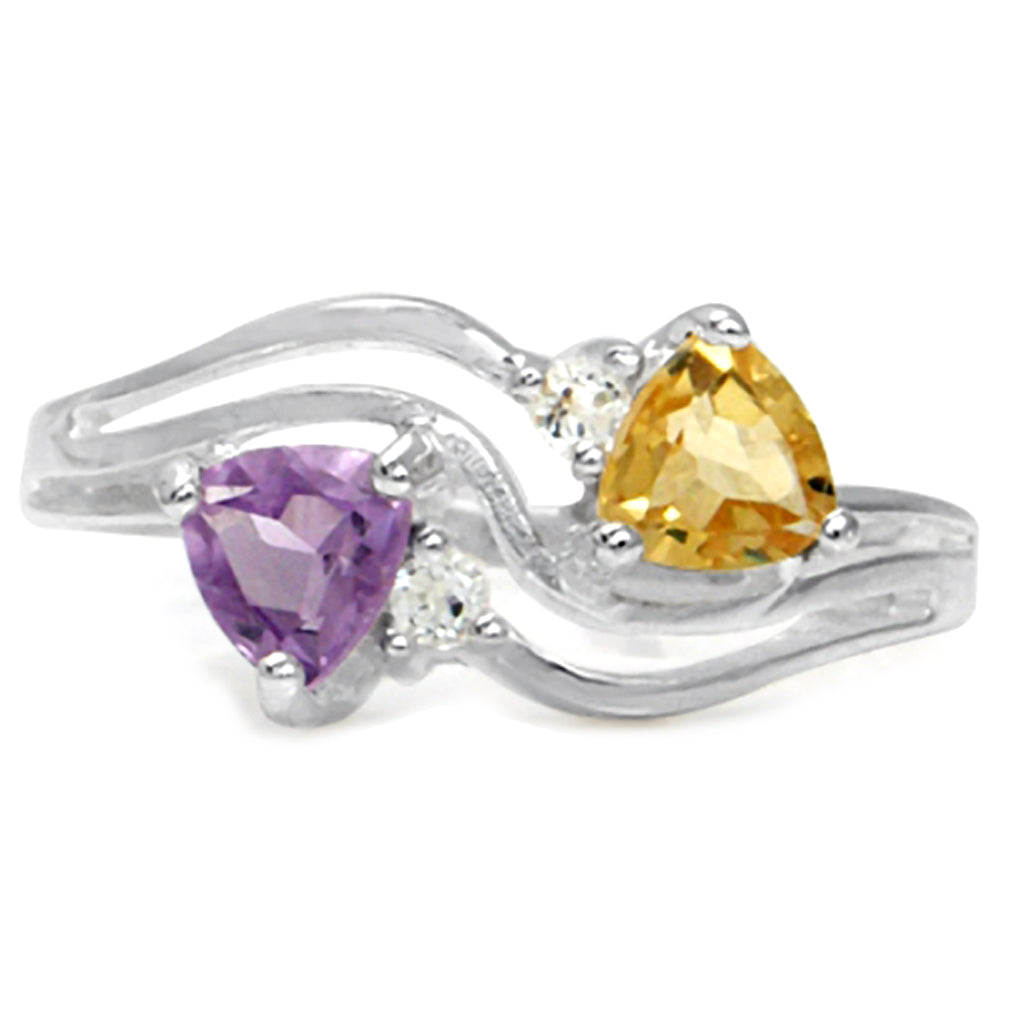 Genuine Amethyst Citrine and White Topaz 925 Sterling Silver 3 Lines Ring - Silvershake-store