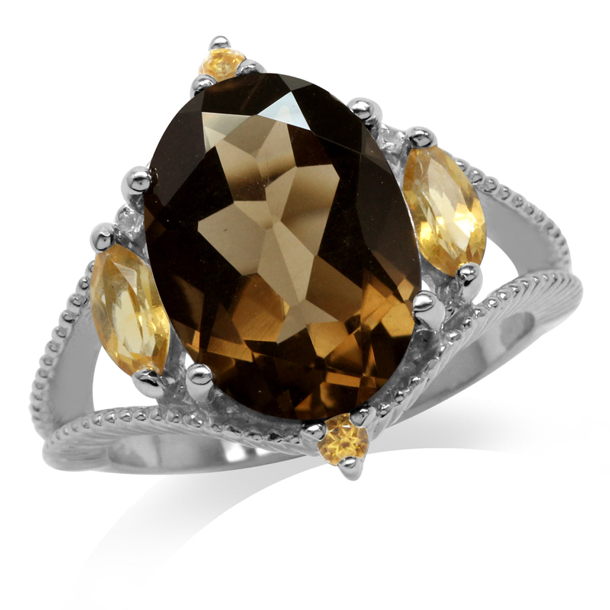 5.37ct. Natural Smoky Quartz and Citrine White Gold Plated 925 Sterling Silver Ring