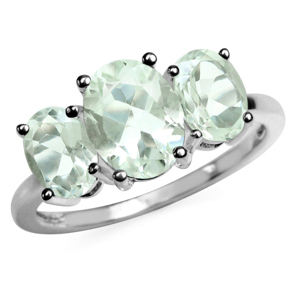 3.32ct. 3 Stone Natural Oval Shape Green Amethyst 925 Sterling Silver Ring - Silvershake-store