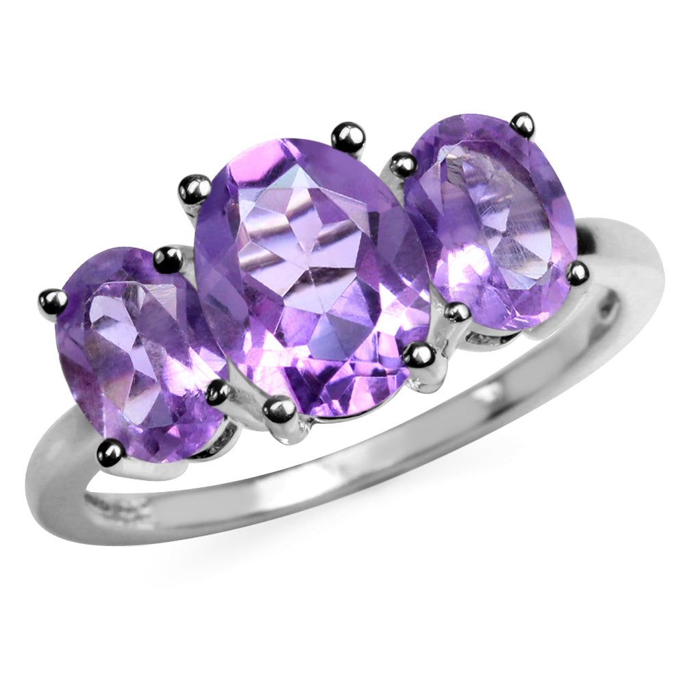 3.17ct. 3 Stone Natural Oval Shape African Amethyst 925 Sterling Silver Ring - Silvershake-store
