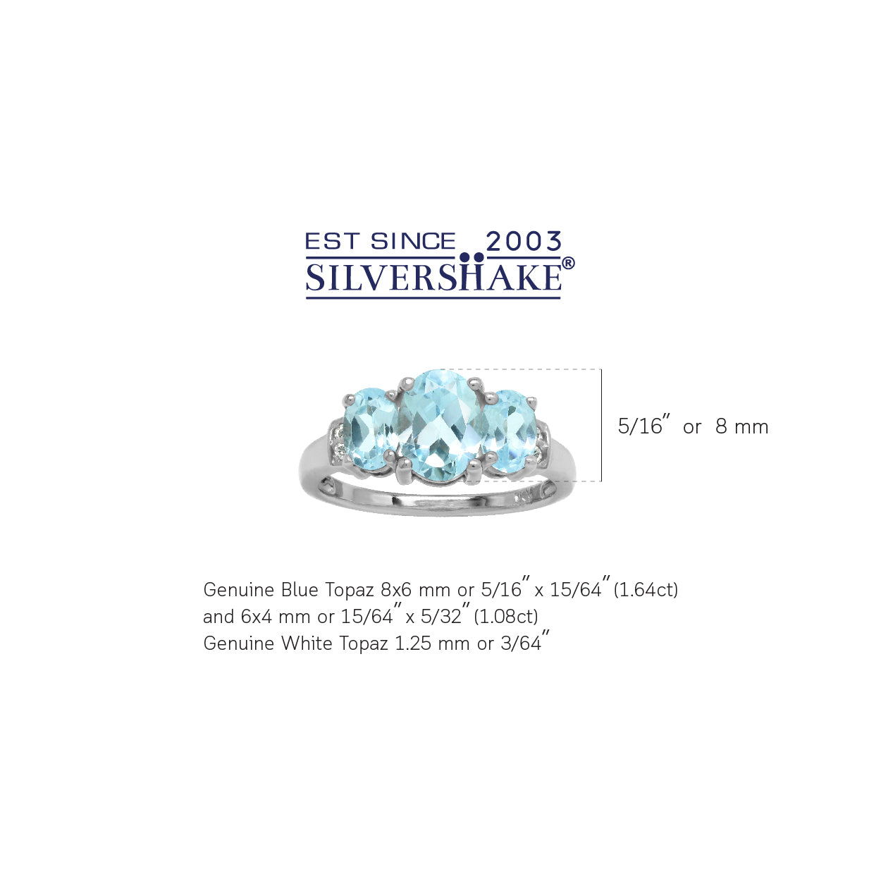 2.72 CTW 3 Stone Genuine Oval Shape Blue Topaz White Gold Plated 925 Sterling Silver Ring December Gemstone Birthstone - Silvershake-store