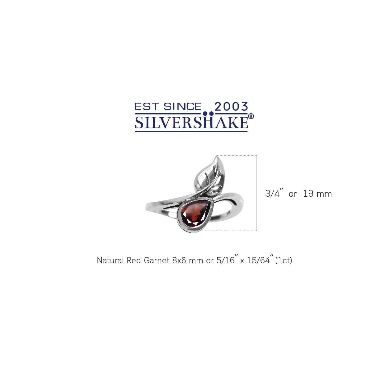 1ct. Natural Garnet 925 Sterling Silver Bypass Leaf Solitaire Ring