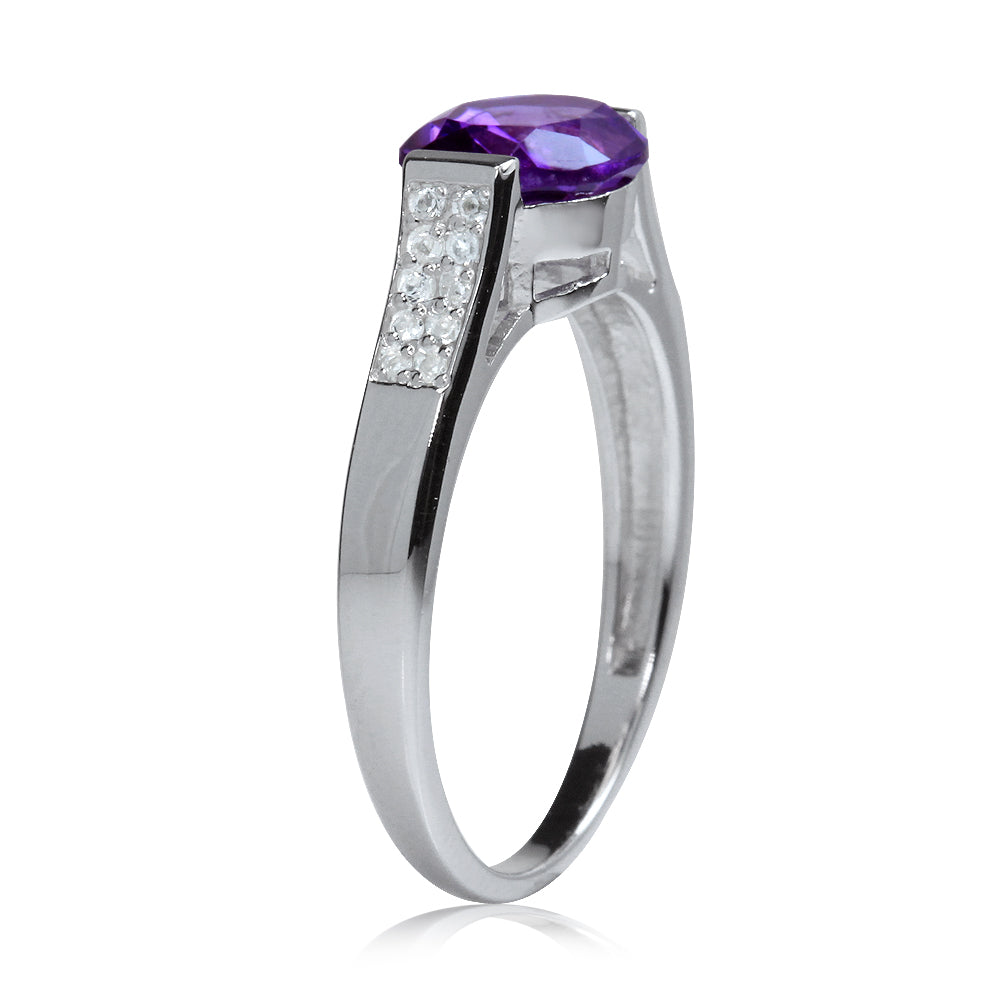 Silvershake 1.54ct. Natural Oval Shape African Amethyst and White Topaz 925 Sterling Silver Ring - Silvershake-store