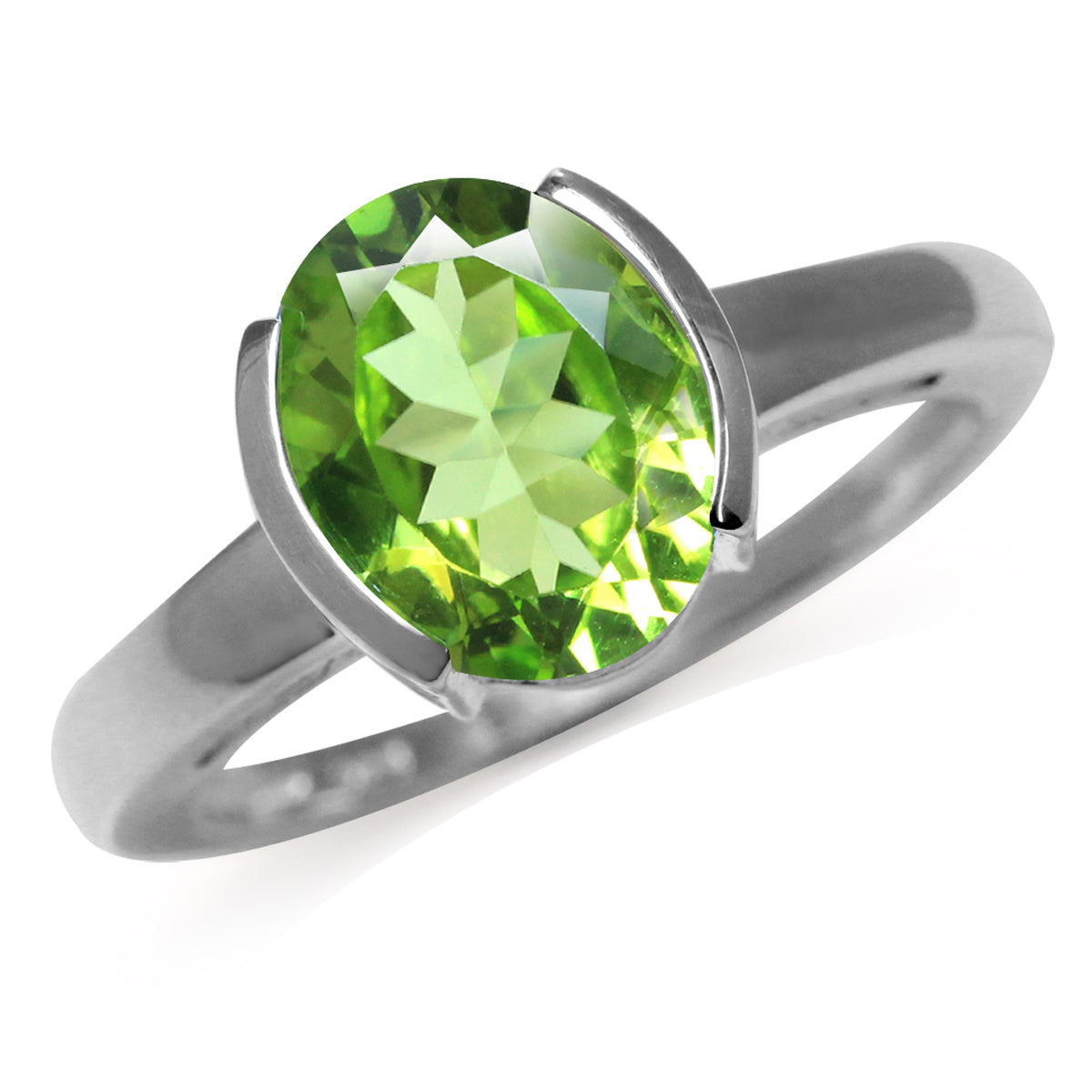 2.46ct. 10X8mm Natural Oval Shape Peridot White Gold Plated 925 Sterling Silver Solitaire Ring - Silvershake-store
