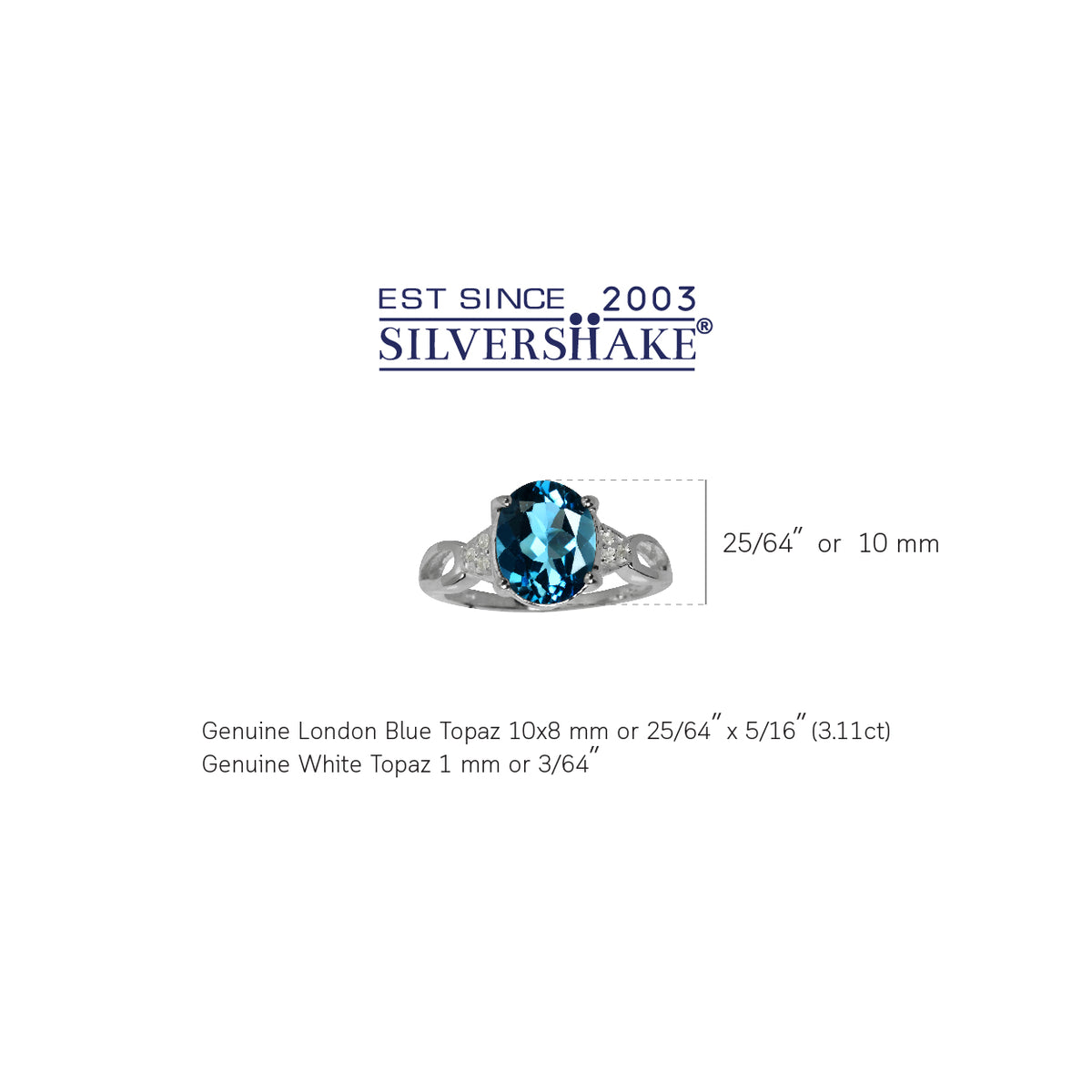 3.11ct. 10x8MM Oval Genuine London Blue & White Topaz 925 Silver Ring silvershake