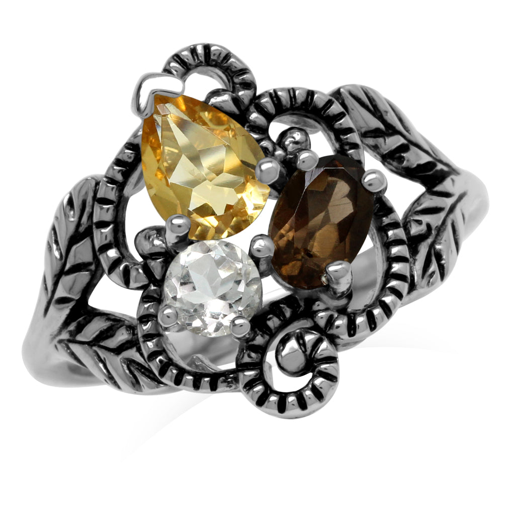 Citrine Smoky Quartz and White Topaz 925 Sterling Silver Vintage Style Leaf Ring - Silvershake-store