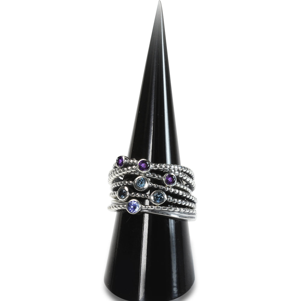 3-Stone Natural African Purple Amethyst 925 Sterling Silver Stack Stackable Ribbon Ring February Gemstone Birthstone - Silvershake-store