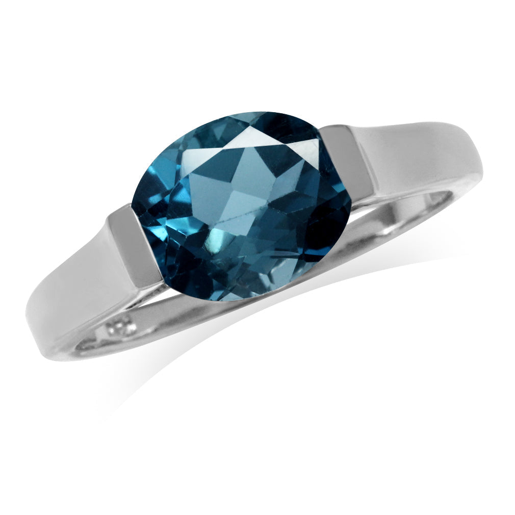 3.08ct. 10X8mm Genuine Oval Shape London Blue Topaz 925 Sterling Silver East-West Solitaire Ring - Silvershake-store